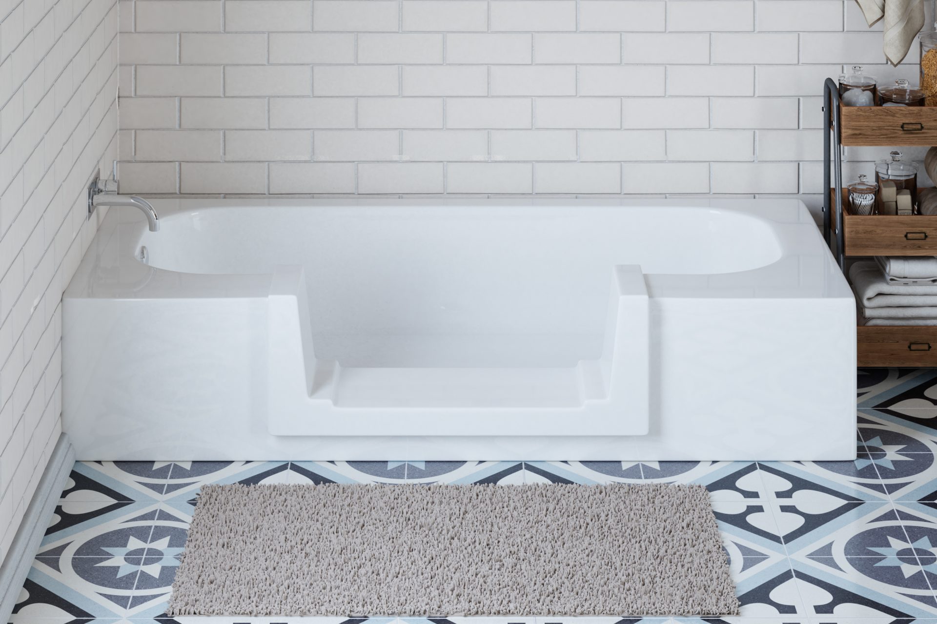 Reversible tub to shower conversion with low step entry for mobility friendly bathroom accessibility.