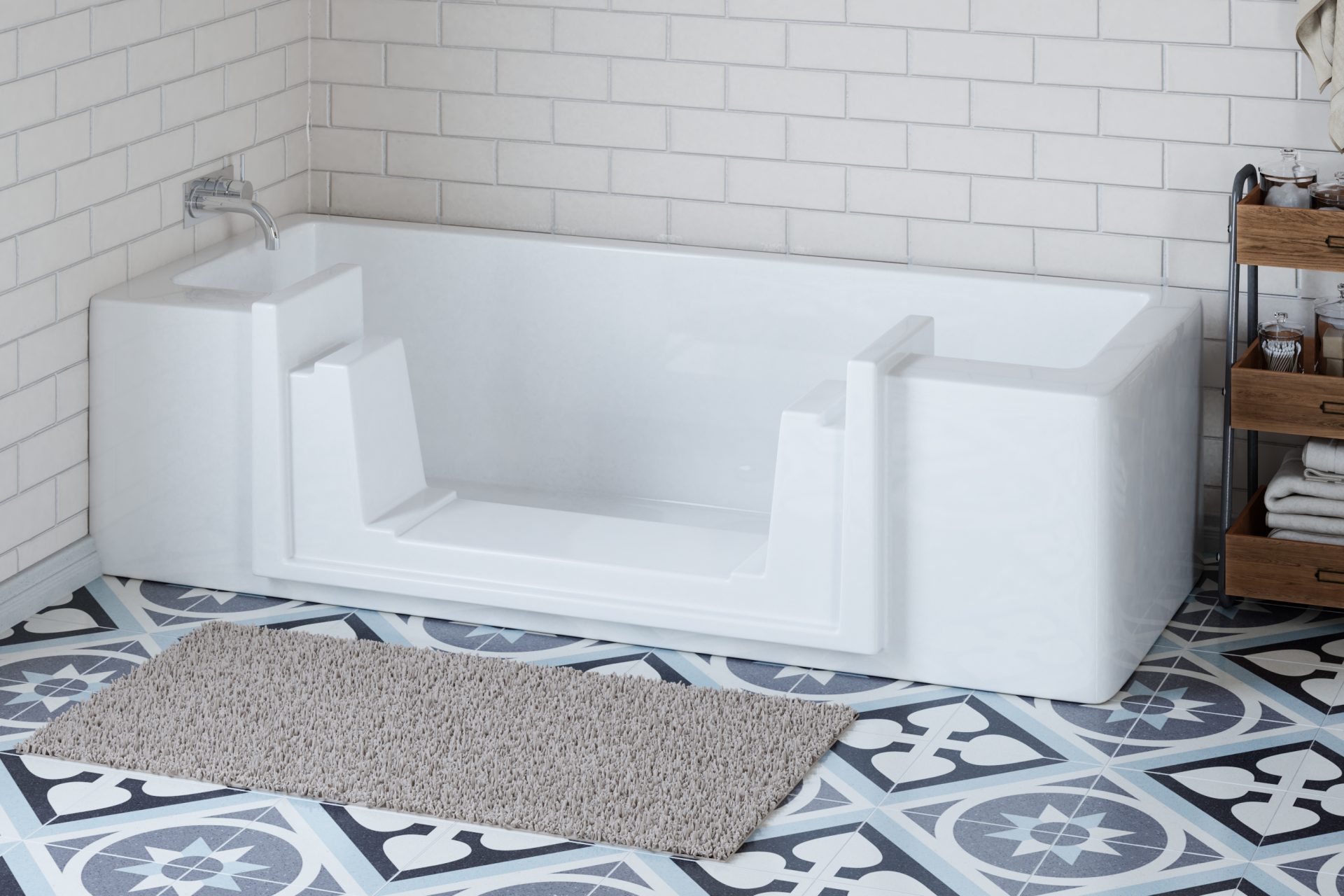 Reversible tub to shower conversion with low step entry for mobility friendly bathroom accessibility.