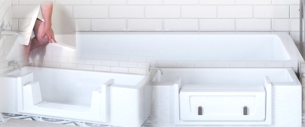 Reversible tub to shower conversion with low step entry for mobility friendly bathroom accessibility.